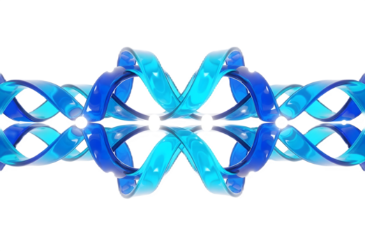 A symmetrical, abstract blue double helix structure reflected on a pristine white background.