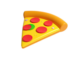A 3D-rendered pizza slice with pepperoni and other toppings, yellow cheese