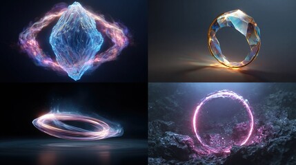 Four fantastical digital art pieces showcasing geometric and ethereal shapes with neon and glowing effects
