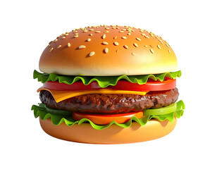 Delicious, fully-loaded burger, sesame seed bun, with lettuce, tomato, cheese