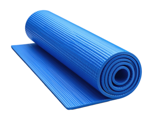 A partially rolled-up blue exercise mat against a black background