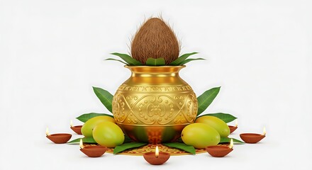 A traditional golden Kalash pot adorned with a coconut and green mango leaves, surrounded by fresh mangoes and lit clay diyas, symbolizing auspicious Hindu rituals.