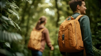 Young explorers journey through verdant forest path, embracing nature serene beauty and thrill of outdoor adventure with backpacks in lush green woods.