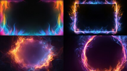 Four images show glowing, fiery frames of different shapes rectangle, square, and circles, on a black backdrop
