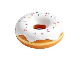 A perfectly round, frosted donut with rainbow sprinkles against a dark background