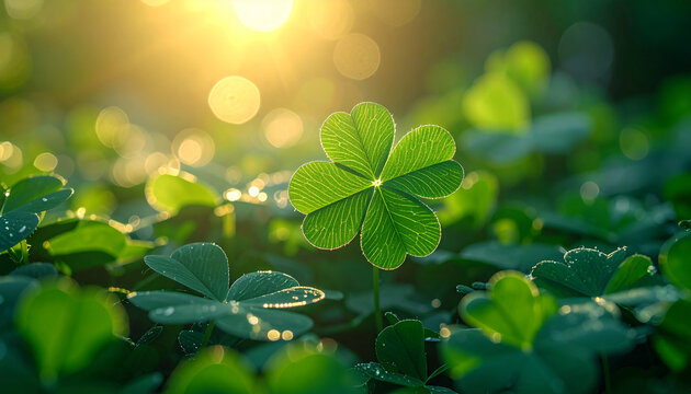 Clover with four leaves among green clovers, glowing sunlight, symbol of prosperity and good luck