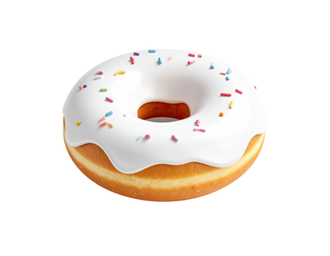 A perfectly round, frosted donut with rainbow sprinkles against a dark background