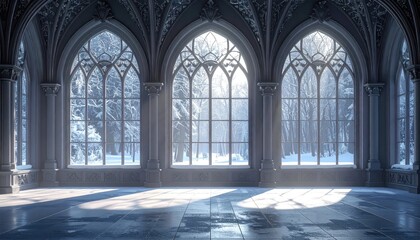 Gothic hall w/ tall ornate windows & snow