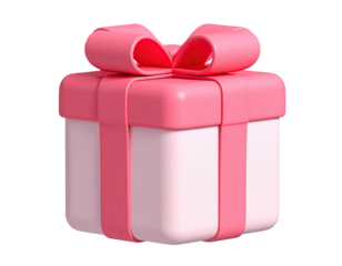 A 3D rendered gift box, in white and pink, with a big bow on a transparent background