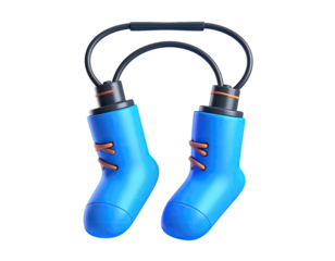 3D rendering of two blue sock-boots connected by black cord, floating in darkness