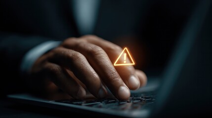 Cautionary alert on keyboard engagement office workspace digital interaction dark environment close-up view technology awareness