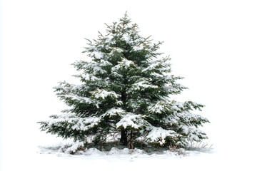 Fototapeta premium Snow-covered Christmas tree stands tall in a winter wonderland on a chilly holiday season morning near a quiet forest