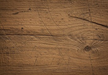 Old brown rustic wooden plank background texture with grain and cracks.