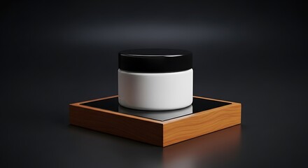 A white cosmetic jar with a black lid sits on a wooden stand