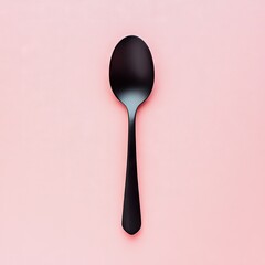 Sleek matte black spoon isolated on soft pink background