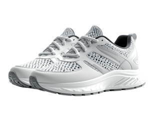 Crisp white athletic shoes with detailed mesh and textured soles, isolated