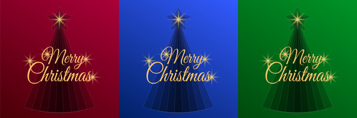 Set of three square Merry Christmas cards with abstract tree design. Gradient backgrounds in blue, green, and red colors. Festive decorative holiday greetings. Shining text, sparkling highlights