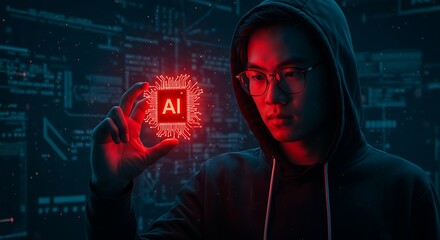 AI Developer Interacting with Holographic Circuit Board: Young Programmer Working in a Dark, High-Tech Server Room on Artificial Intelligence, Machine Learning, and Coding
