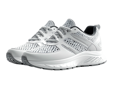Crisp white athletic shoes with detailed mesh and textured soles, isolated
