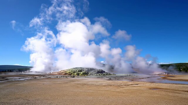 Colossal geysers erupt, blasting brilliant white, scalding steam high into a vibrant azure sky over a desolate, arid geothermal landscape with sun-baked sand and volcanic rock. Raw nature's grandeur