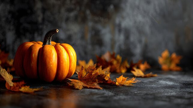 A single, vibrant orange pumpkin with a dark green stem rests on a surface surrounded by scattered, textured autumn leaves, with a moody and blurred backdrop adding depth to the seasonal still life. - Powered by Adobe