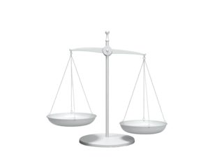 Rendered illustration of a balanced scale with two circular pans