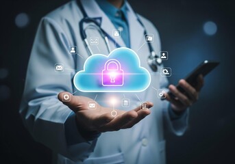 Doctor holding a glowing cloud with a padlock and digital icons, representing secure cloud computing in healthcare