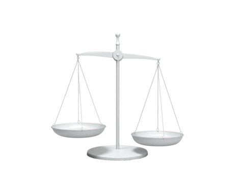 Rendered illustration of a balanced scale with two circular pans