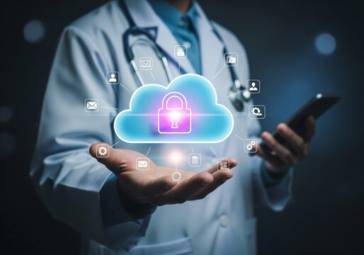 Doctor holding a glowing cloud with a padlock and digital icons, representing secure cloud computing in healthcare