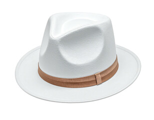 A stylish, white fedora with a brown band, isolated on a white background