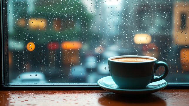 Cozy scene with a cup of coffee by a rain-streaked window. Warm beverage, blurred city lights, and a relaxing atmosphere.