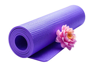 Rolled purple yoga mat and a pink flower on black. Detailed, soft focus