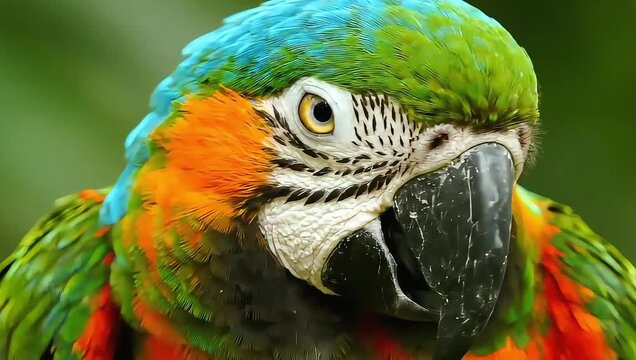 Close up of a colorful macaw parrot with vibrant feathers.