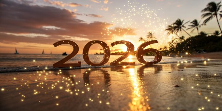 Tropical beach sunset with 2026 text
