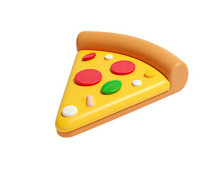 3D render of a cartoon pizza slice with toppings on a black backdrop