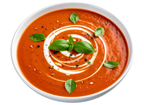 Creamy Tomato Soup with Swirl of Cream and Garnish isolated on a transparent background