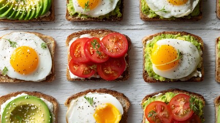 Delicious and vibrant breakfast selection displays various open-faced sandwiches with toppings including avocado, sliced tomatoes, and perfectly cooked eggs arranged neatly on a textured,...