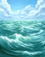Wavy turquoise ocean, blue sky filled with fluffy clouds