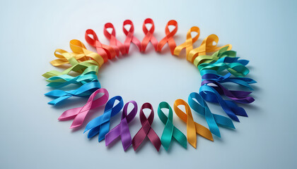 Diverse awareness ribbons form a vibrant rainbow circle symbolizing hope, unity, and solidarity for various causes and support.