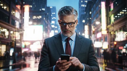A middle-aged caucasian businessman in a pinstripe suit and glasses, uses a smartphone on a wet, neon-lit blue hour street, observing city lights. Urban drama concept