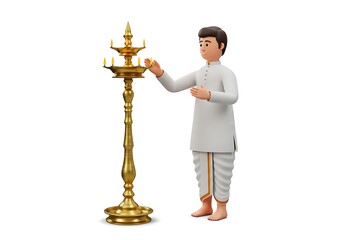 Man in traditional attire lighting a brass oil lamp, 3D render.