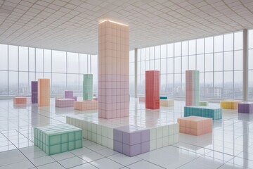 Pastel blocks fill an airy room with city view