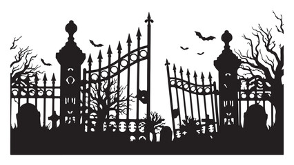 Halloween Cemetery Gate Silhouette with Bats and Bare Trees