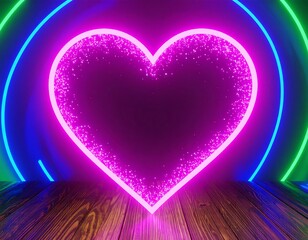 Neon heart on a wooden floor