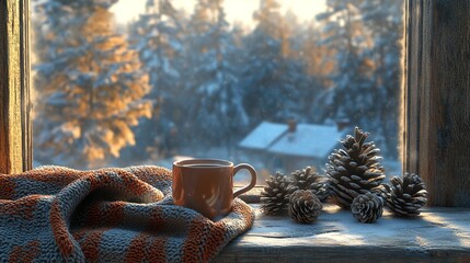 Cozy winter scene with a warm drink, soft blanket, and snowy landscape viewed from a rustic window.