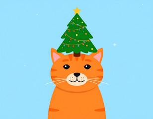 Cute Orange Striped Cat with Christmas Tree on Head.