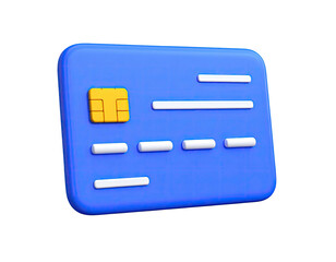 A 3D rendered blue credit card with chip and raised white details