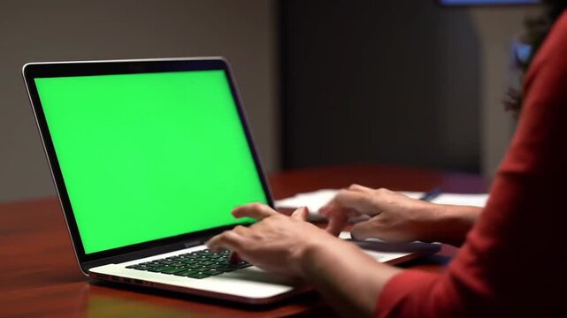 Typing on Laptop with Green Screen for Chroma Keying.