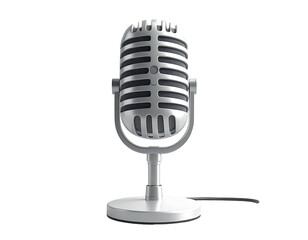 Classic, silver microphone on a stand, cord trailing, isolated on black