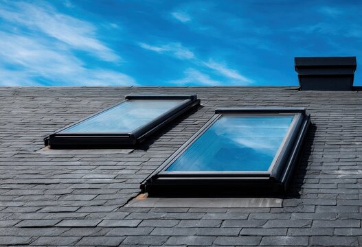 Low-angle shot of a slate roof with two skylights & a chimney against a bright blue sky